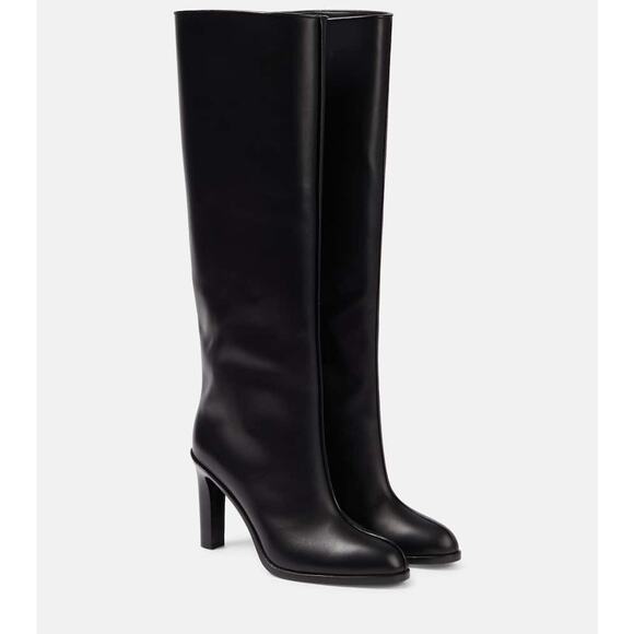 The Row Paneled Leather Knee High Boots Black Heel Almond Wide Shaft Leg - Picture 1 of 12